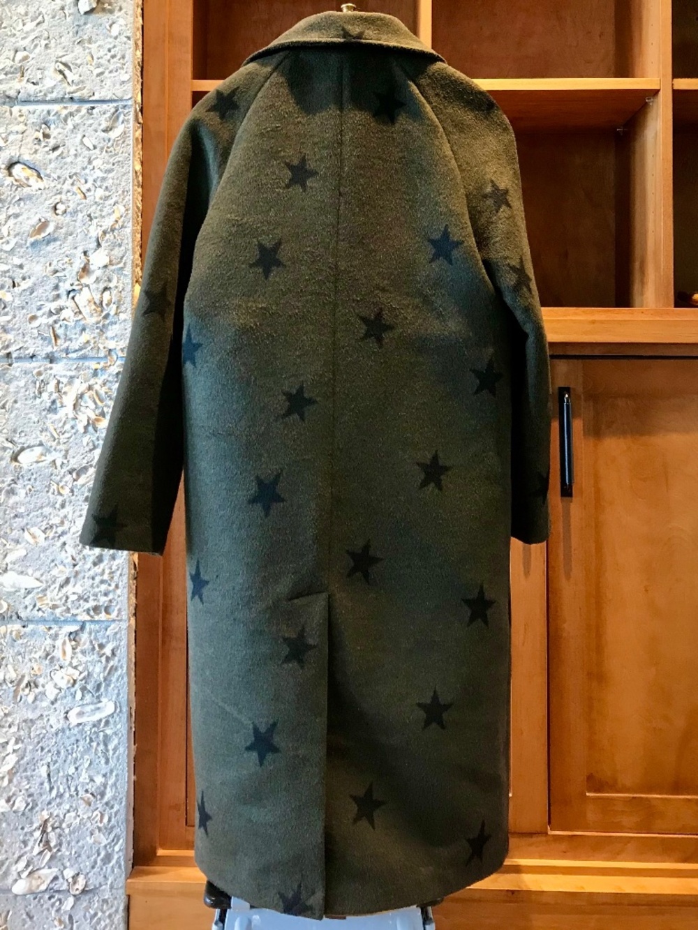 AVEC LES FILLES ESTRELLAS LONG STAR PRINT DOUBLE FACE TRENCH WOOL GREEN COAT - Picture 6 of 16